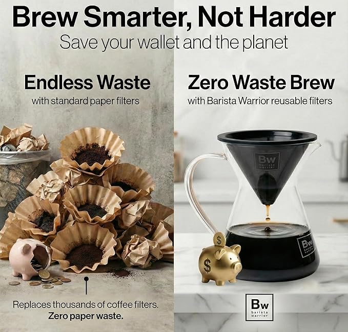 Barista Warrior Reusable Coffee Filter - Stainless Steel Pour Over Dripper, Compatible for Chemex, Hario V60 & Drippers, Easy to Clean Flavorful Brew Fine Mesh Coffee Filter - Black Titanium