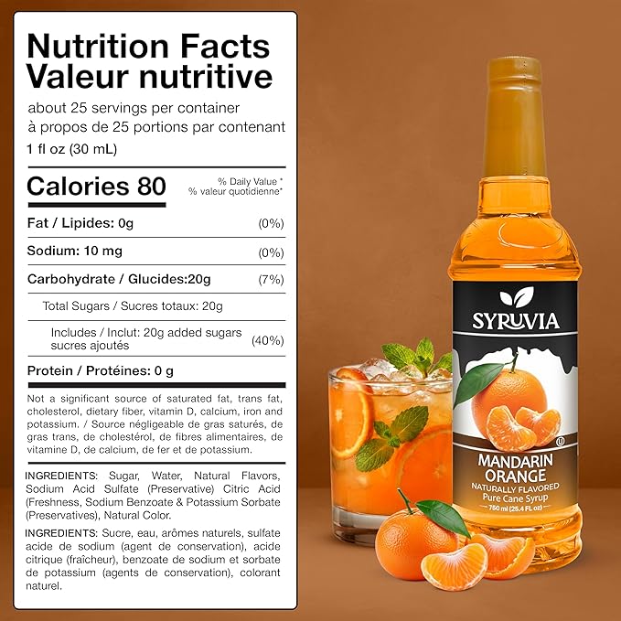 Syruvia Mandarin Orange Flavored Syrup for Drinks, Cocktails, Lemonades, Iced Teas and Desserts – 25.4 fl oz, With Pump