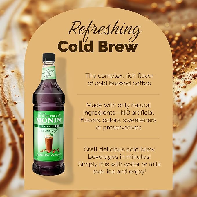 Monin - Premium Unsweetened Cold Brew Coffee Concentrate | Rich Espresso Flavor | Clean Label with No Artificial Flavors, No Artificial Preservatives (BPA-Free Plastic Bottle, 33.8 fl oz)