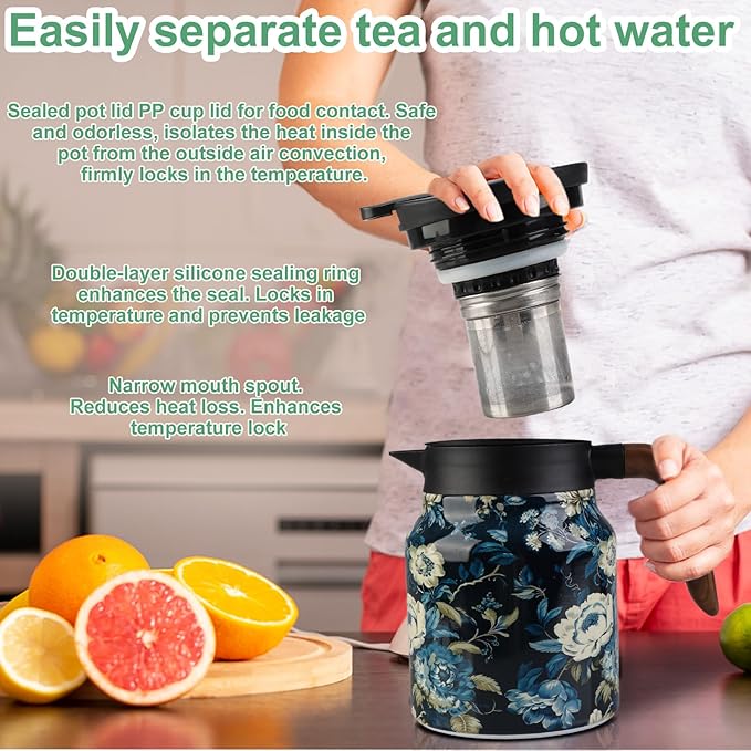 35 Oz Vintage Floral Tea Pot with Infuser,Insulated Stainless Steel Loose Leaf Teapot,6-12 Hour Hot/Cold Retention, Portable for Travel