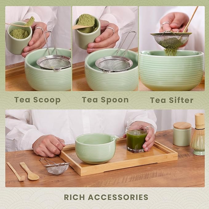 Traditional Matcha Set, Line Blue Ceramic Matcha Bowl, Bamboo Whisk (Chasen), Sifter, Scoop & Spoon - 6 Pcs Matcha Kit