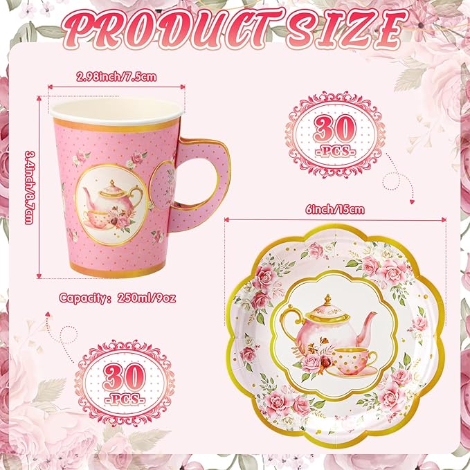 Domensi 60 Pieces Tea Party Decorations Include 30 Pcs 9 oz Paper Cups with Handle and 30 Pcs Tea Party Paper Plates Disposable Blossom Teacups and Saucers for wedding Favors(Teapot)