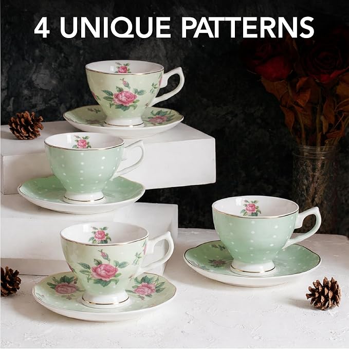 BTaT- Floral Tea Cups and Saucers, Set of 4, 8 oz, Fine Porcelain Teacup Set with Gold Trim for Afternoon Tea, Weddings, Parties & Gifting, Dishwasher Safe, Lightweight, Non-Toxic