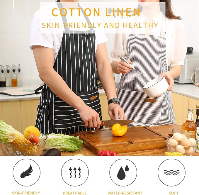 Tosewever 2 Pieces Kitchen Cooking Aprons, Cotton Polyester Blend Adjustable Bib Aprons with 2 Pockets for Women Men Chef Chef (Black/Brown Stripes, 2) - Image 2