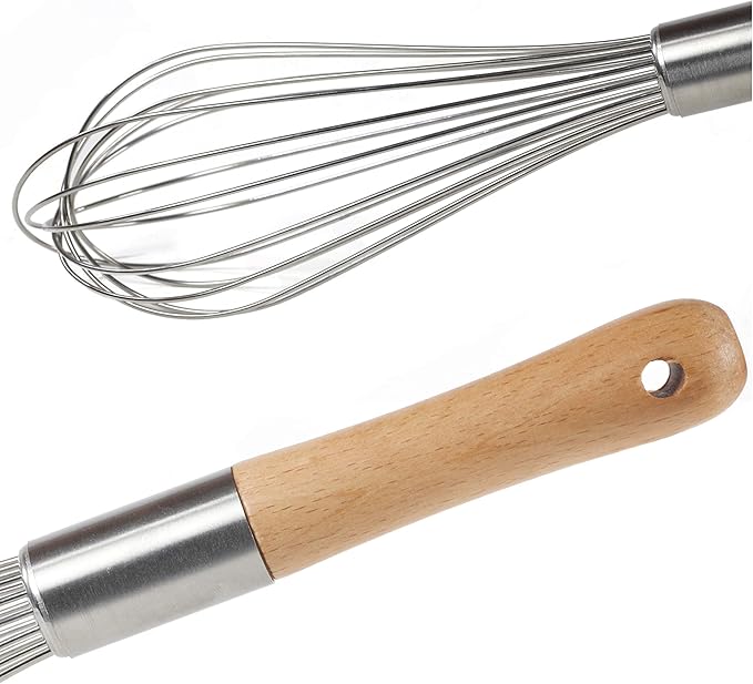 Classic Stainless Steel Wooden Handle Whisk 11-Inch | Perfect Whisking Size | Kitchen Whisk for Beating, Blending, Whisking, Stirring, Cooking, Egg, Flour | by Kitchen Delight