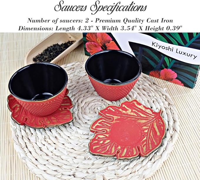 4pc Japanese Tea Cups Set. Red and Gold Cast Iron Tea Cup Set, 2 Tea Cups and Saucers. 4oz Teacup Set For Any Japanese Tea Set or Teapot.