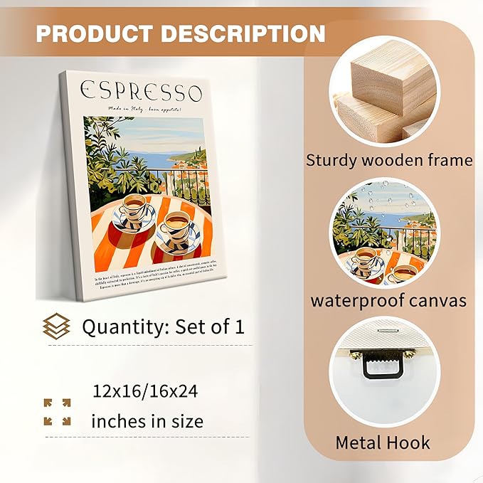 Vintage Espresso Kitchen Wall Art – Retro Italy Coffee Sign Canvas Prints – Framed Cozy Coffee Bar Wall Decor for Dining Room Kitchen Home Decoration – 12x16in
