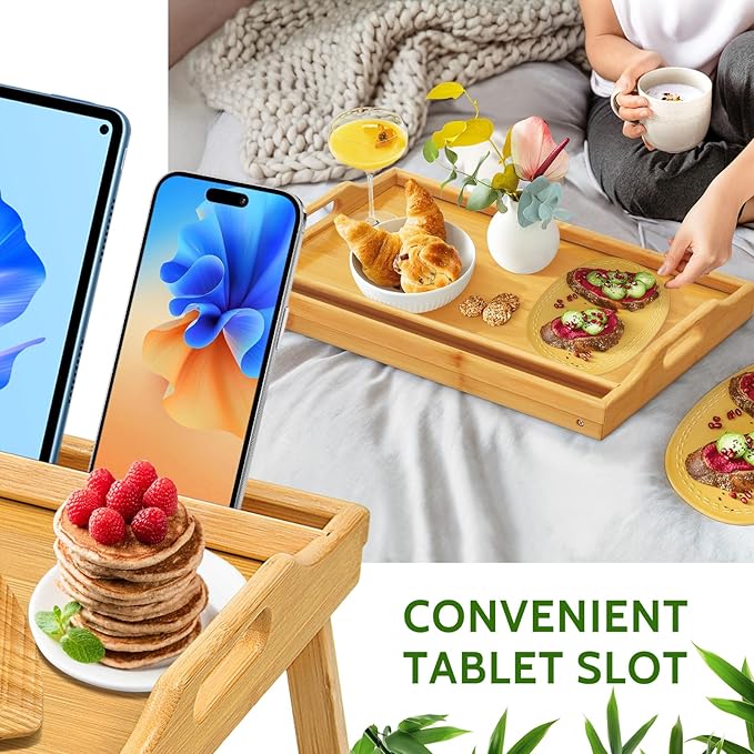 Tray Table for Bed, Bamboo Breakfast Tray with Folding Legs and Handles, Natural Color Bed Tray with Media Slot, Ideal for Eating, Serving or Working in Kitchen, Sofa or Bedroom