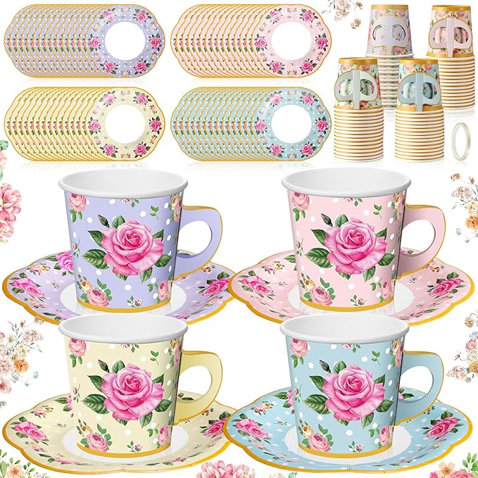Umigy 60 Sets Tea Party Decorations 6.5 oz Floral Paper Tea Cups with Handle and Plates Disposable Blossom Teacups and Saucers Sets for Girls Kids Birthday Garden Wedding Party Supplies(Mixed Color)