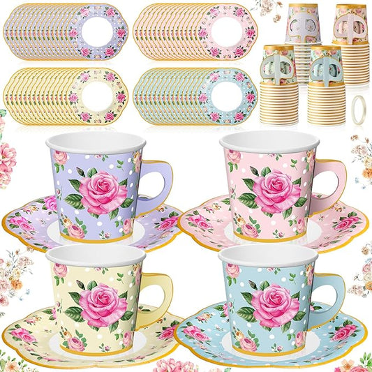 Umigy 60 Sets Tea Party Decorations 6.5 oz Floral Paper Tea Cups with Handle and Plates Disposable Blossom Teacups and Saucers Sets for Girls Kids Birthday Garden Wedding Party Supplies(Mixed Color)