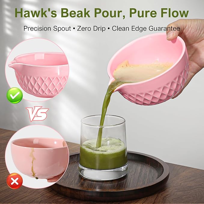 Doasuwish Matcha Whisk Set, 7 Pcs Ceramic Kit, Includes Matcha Bowl with Spout, Matcha Whisk and Holder, Bamboo Scoop, Scoop Rest, Sifter and Tea Towel (Cherry Blossom Pink)