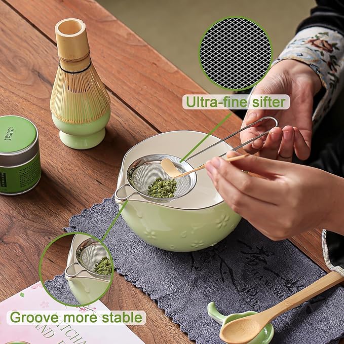 Clay&Fire Matcha Whisk Set, 9 pcs Ceramic Matcha Set, Gifts for Women,Matcha Bowl with Spout and Whisk, Matcha Kit for Matcha Lovers, Ideal Gift Christmas, Birthday, Anniversary (Cherry Bloom-Green)