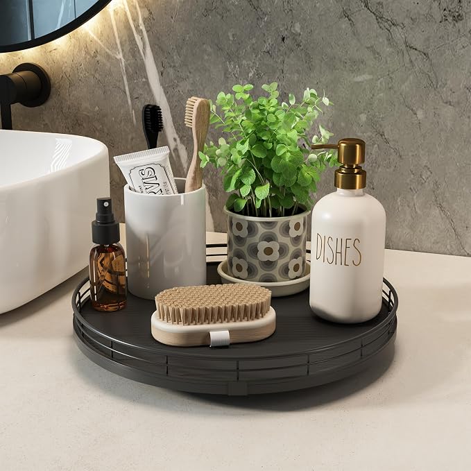 13" Lazy Susan Turntable Organizer for Table Top, Round Wooden Lazy Susan for Cabinet Kitchen Decor Centerpieces Coffee Table, Storage Condiments Spices, Bathroom Vanity Tray for Soap, Black - Image 5