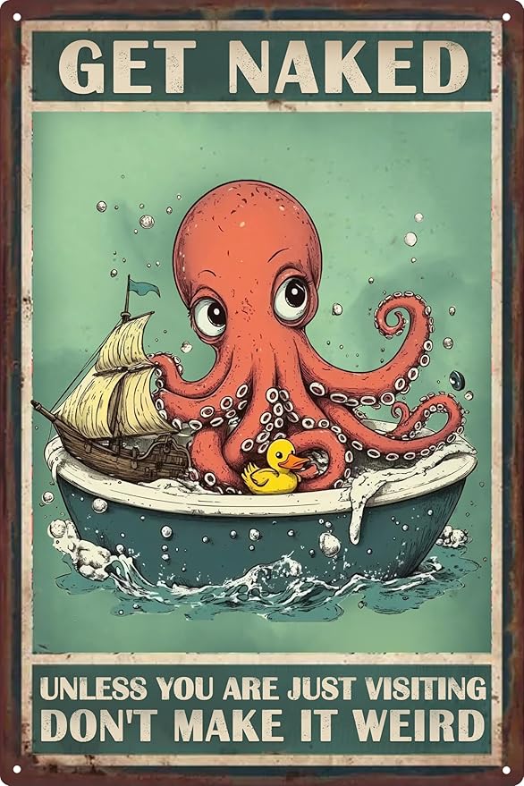 Octopus Decor Ocean Bathroom Decor Accessories Vintage Metal Tin Sign Idea Humorous Bar for Man Cave Garage Kitchen Living Room Wall Decor 8x12 In