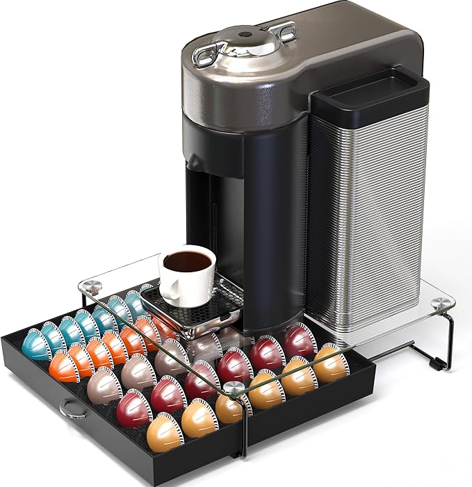 DecoBrothers Crystal Tempered Glass Vertuo Pod Holder Drawer, 30 Large or 60 Small Nespresso Capsule Organizer, Black