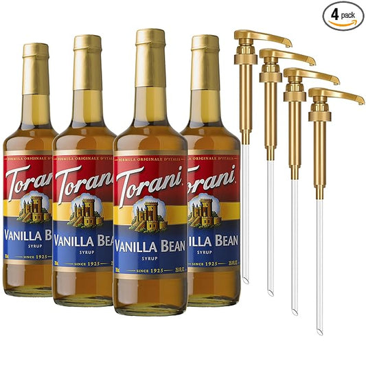 Torani Vanilla Bean Coffee Syrup for Drinks & Desserts, Glass Bottle 4-Pack, Pumps Included, 25.4 Fl Oz Ea