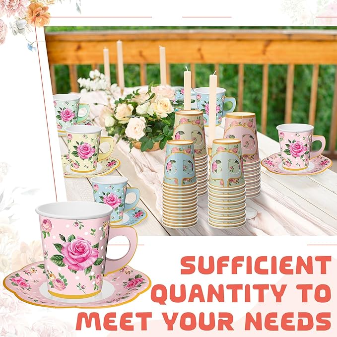 Umigy 60 Sets Tea Party Decorations 9 oz Floral Paper Tea Cups with Handle and Plates Disposable Blossom Teacups and Saucers Sets for Girls Kids Birthday Garden Wedding Party Supplies(Multicolored)