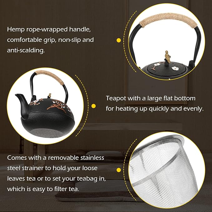 Dyna-Living Cast Iron Teapot 1200ml/40.6oz Japanese Tea Set with 4 Tea Cups Japanese Cast Iron Teapot with Infuser Japanese Tea Kettle Stovetop Gift for Tea Lover