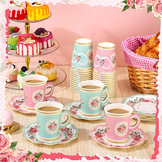 Domensi 60 Pieces Tea Party Decorations Include 30 Pcs 9 oz Paper Cups with Handle and 30 Pcs Tea Party Paper Plates Disposable Blossom Teacups and Saucers for wedding Favors(Assorted Style)