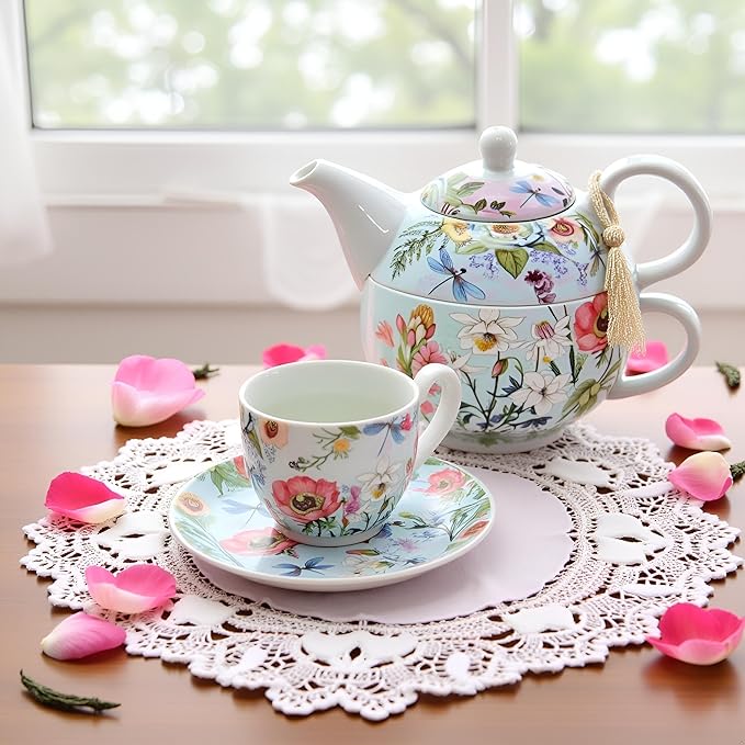 Lightahead Bone China Tea for One Set in Floral Design, in attractive Reusable Handmade Gift Box (With Ribbon)