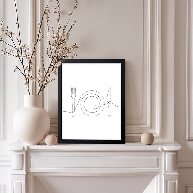 Poster Master Vintage Minimalist Poster - Retro Illustration Print - Fork, Plate, Knife, Line Drawing, Simple - Gift for Artist, Friend - Wall Decor for Kitchen, Restaurant, 8x10 Black Framed
