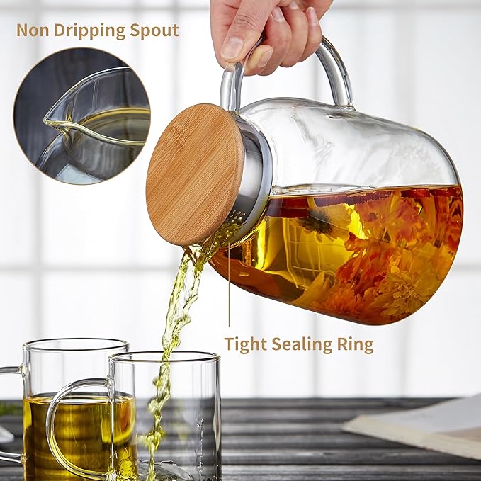 Unbreakable Glass Teapot, Stovetop Safe, Thickened Heat Resistant Borosilicate Glass, 54 fl oz Large Glass Tea Pot with Infuser and Lid
