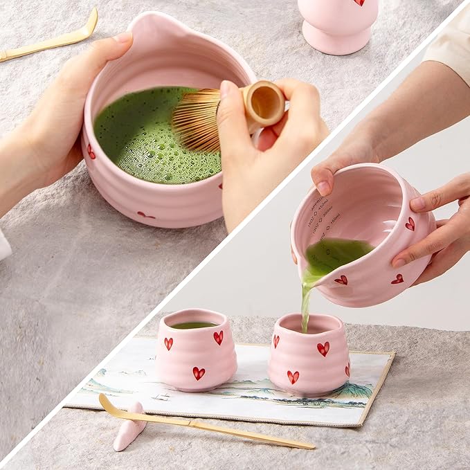 2pcs Matcha Bowl with Whisk Holder, Ceramic Pink Matcha Bowl with Spout, 16.5OZ Porcelain Bowl with Measurement Marks, Tea Mixing Bowl with Whisk Stand, Cute Valentine Gift (pink love)