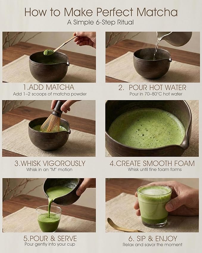 Matcha Whisk Set, 4-Piece Matcha Kit with Handmade Ceramic Bowl, 100-Prong Bamboo Whisk & Holder, Tea Scoop– Premium Matcha Tea Set for Beginners & Tea Lovers, Gift Ready