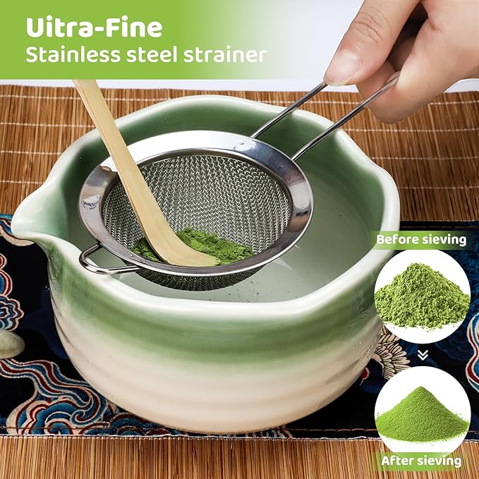 8PCS Matcha Whisk Set, Ceramic Matcha Kit Set, Japanese Tea Ceremony Tools with Matcha Bowl, Spoon, Bamboo Whisk, Holder, Sifter, Tea Cloth, Scoop and Scoop Stand (Dark Green and White)