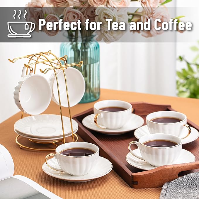 BTaT- Cappuccino Cups with Saucers 7 oz with Gift Box, Set of 6, White Porcelain Coffee Cup and Saucer Set for Latte with Golden Trim Design, Dishwasher Safe, Mocha, Tea, Au Lait, Flat White