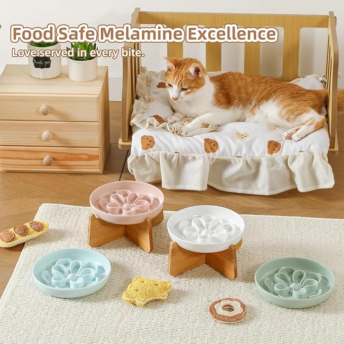 Elevated Slow Feeder Cat Bowl - Melamine Cat Dish with Anti-Slip Bamboo Stand - Whisker Friendly Feeding Bowl - Floral Maze Food Plate for Slow Eating - Pink