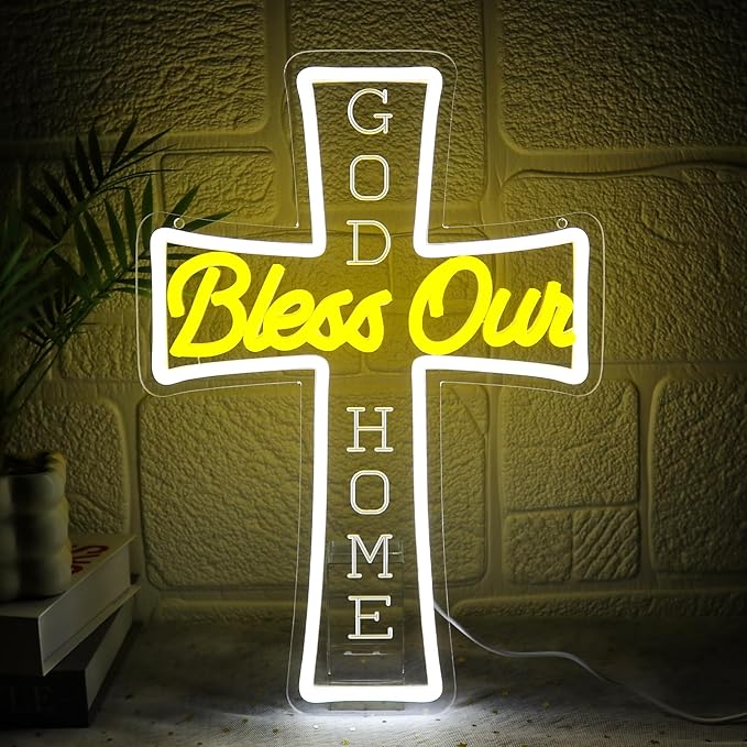 God Bless Our Home Neon Sign for Wall Decor Dimmable Jesus Cross Led Sign for Christian Home Neon Light for Church Party Christams Decoration Prayer Room Religious Gift