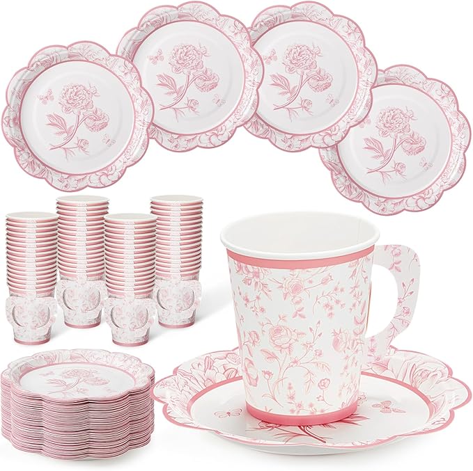 100 Sets Pink Floral Paper Tea Cups and Saucers Disposable Paper Tea Party Supplies 9 oz Cups with Handle and Saucer for Birthday Wedding Party Decorations