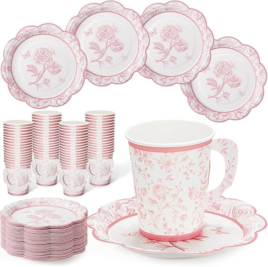 100 Sets Pink Floral Paper Tea Cups and Saucers Disposable Paper Tea Party Supplies 9 oz Cups with Handle and Saucer for Birthday Wedding Party Decorations