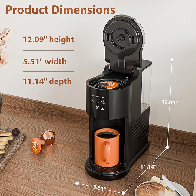 WAA Single Serve Coffee Maker, Fast Coffee Brewer for Capsule and Ground Coffee, Small Coffee Machine with 6 to 14 oz Brew Sizes and 40 oz Removable Water Tank for Home, Office, Travel and RV, Black