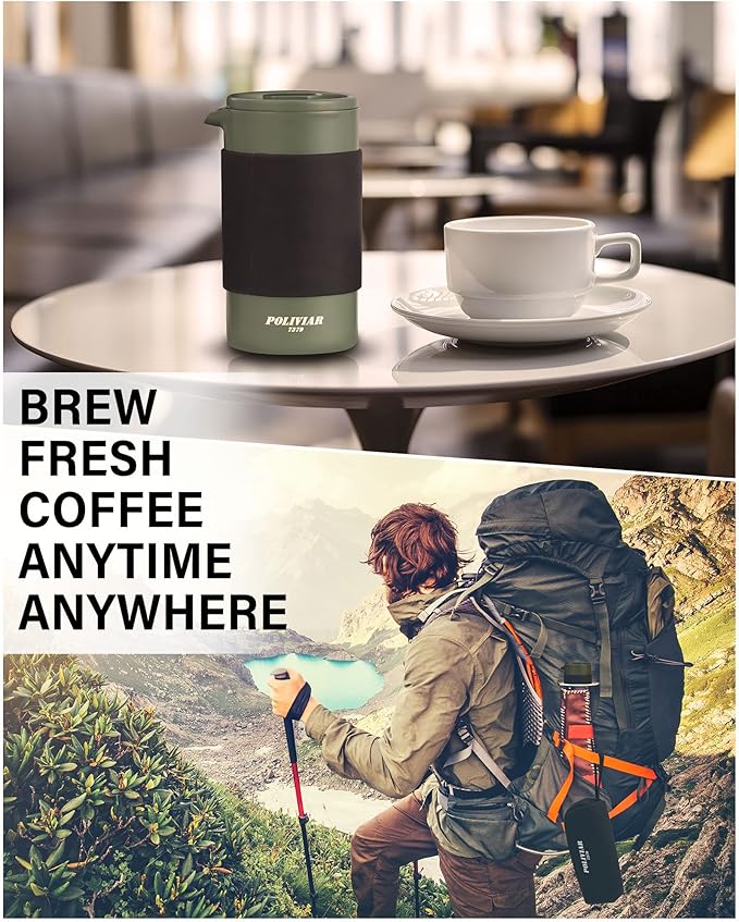 POLIVIAR French Press Coffee Maker, 12 oz Portable French Press with Mini Canister and Collection Bag, Double Wall Insulation & Dual- Filter Screen, Food Grade Stainless Steel for Coffee