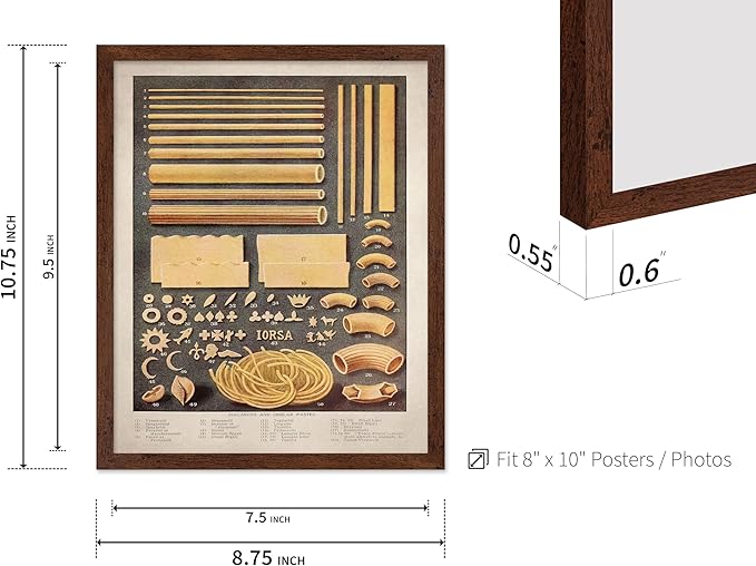 Poster Master Vintage Food & Drink Poster - Retro Pasta Print - Varieties of Pasta Art - Gift for Him, Her, Chef, Cook - Great Decor for Restaurant, Kitchen, Dining Room, 8x10 Brown Framed