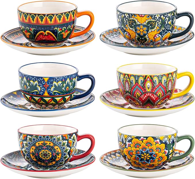 Henten Home 8.5 oz Cappuccino Cup and Saucers Set, Ceramic Coffee Cup Set of 6, Bohemian Cup for Latte, Tea, Hot Cocoa, Espresso, Microwave & Dishwasher Safe