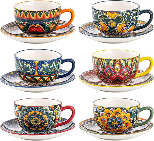 Henten Home 8.5 oz Cappuccino Cup and Saucers Set, Ceramic Coffee Cup Set of 6, Bohemian Cup for Latte, Tea, Hot Cocoa, Espresso, Microwave & Dishwasher Safe