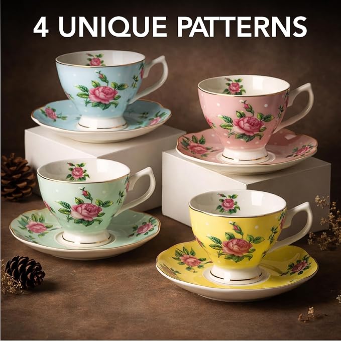BTaT- Floral Tea Cups and Saucers, Set of 4, 8 oz, Fine Porcelain Teacup Set with Gold Trim for Afternoon Tea, Weddings, Parties & Gifting, Dishwasher Safe, Lightweight, Non-Toxic