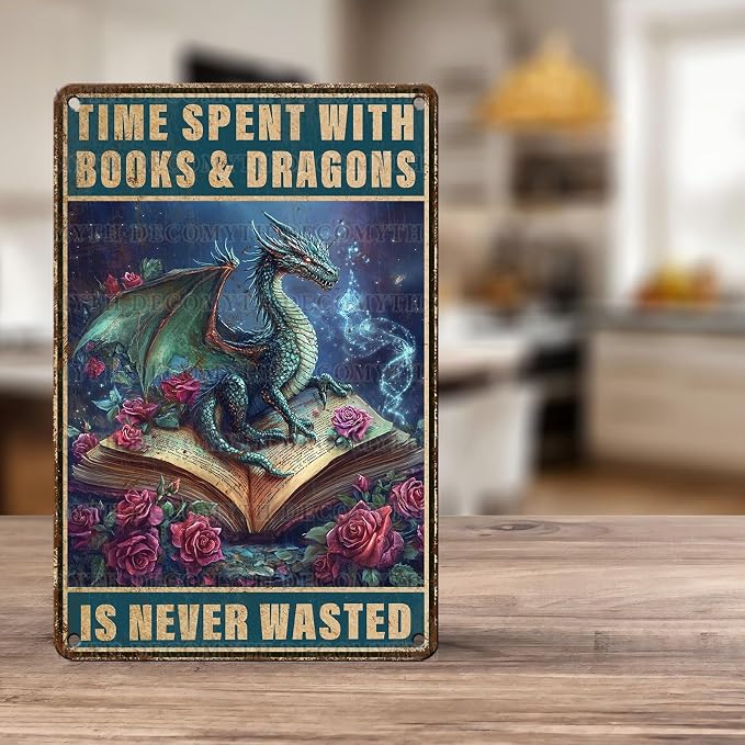 Dragons Vintage Tin Sign Time Spent With Books And Dragons Is Never Wasted Tin Sign for Garage Home Bedroom Bar Wall Decor 12 * 8inch - Image 5