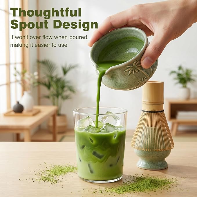 Matcha Whisk Set, Ceramic Matcha Kit Set Includes Matcha Bowl, Matcha Whisk and Holder, Bamboo Scoop, Scoop Rest, Sifter and Tea Towel - 7 Pcs Matcha Kit for Matcha Lovers (Matcha Green Coconut Tree)