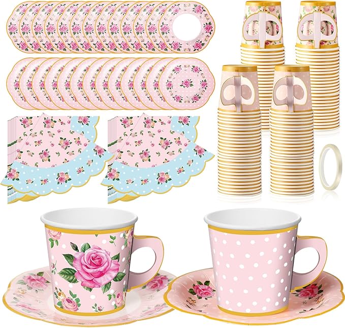 Umigy 36 Sets Tea Party Decorations 6.5 oz Floral Paper Tea Cups with Plates Paper Napkins Disposable Blossom Teacups and Saucers Sets for Girls Birthday Party Supplies(Pink)