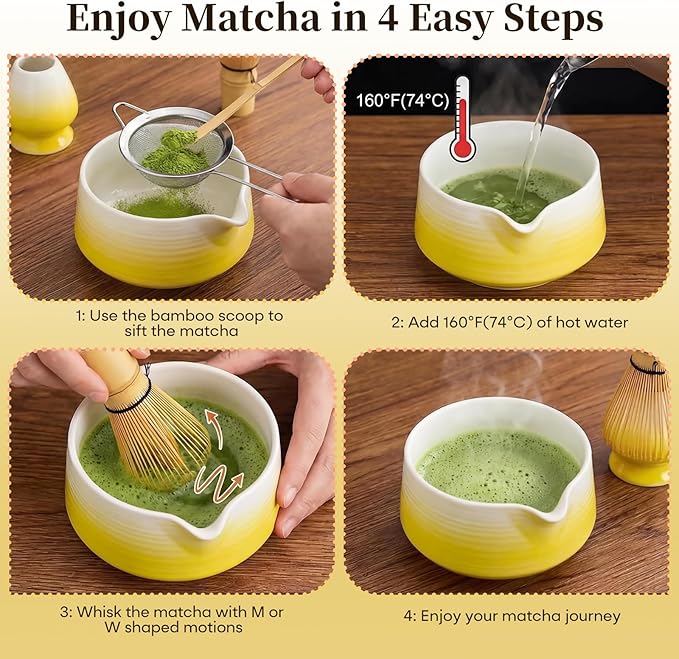 Matcha Whisk Set, Matcha Bowl with Spout and Handcrafted Bamboo Chasen, Stainless Steel Sifter, Matcha Whisk Holder and Bamboo Scoop, Matcha Tea Kit for Matcha Tea Ceremony, Yellow