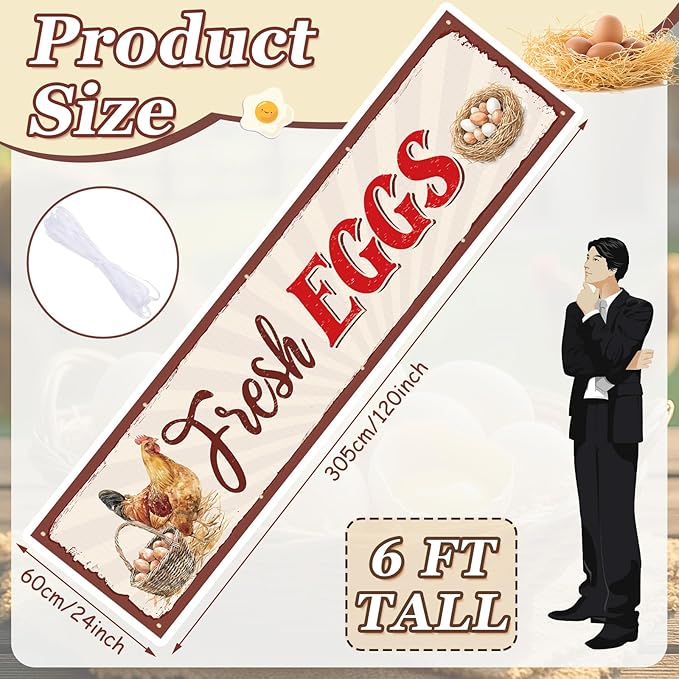 Tegeme Farm Fresh Eggs Sign, 24 x 120 inches/ 2 x 10 ft Rustic Fresh Eggs Banner Sign with 10 Grommets for Indoor Outdoor Chicken Coop Yard Business Supplies Farmers Market Decor