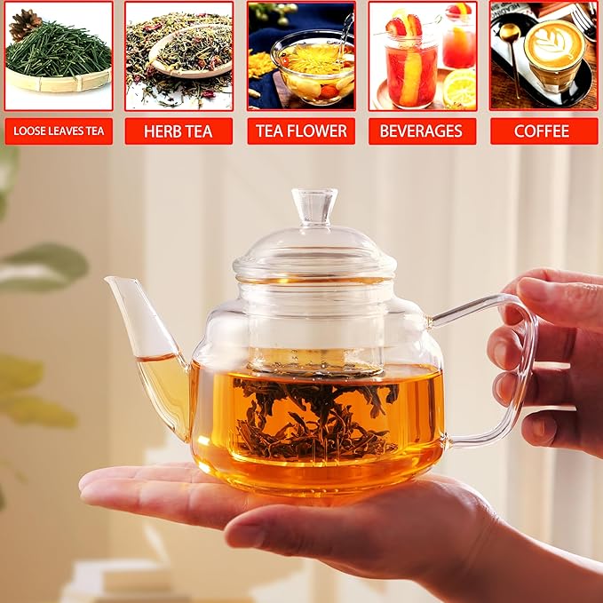 CNGLASS Glass Teapot with Removable Infuser,20oz(600ml) Clear Glass Tea Kettle Stovetop Safe,Glass Teapot with Strainer for Blooming and Loose Leaf Tea
