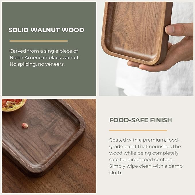 Muso Walnut Serving Tray - Solid Wood Small Rectangle Platter for Bathroom, Dinner, Tea, Coffee (11.8 x 5 in)