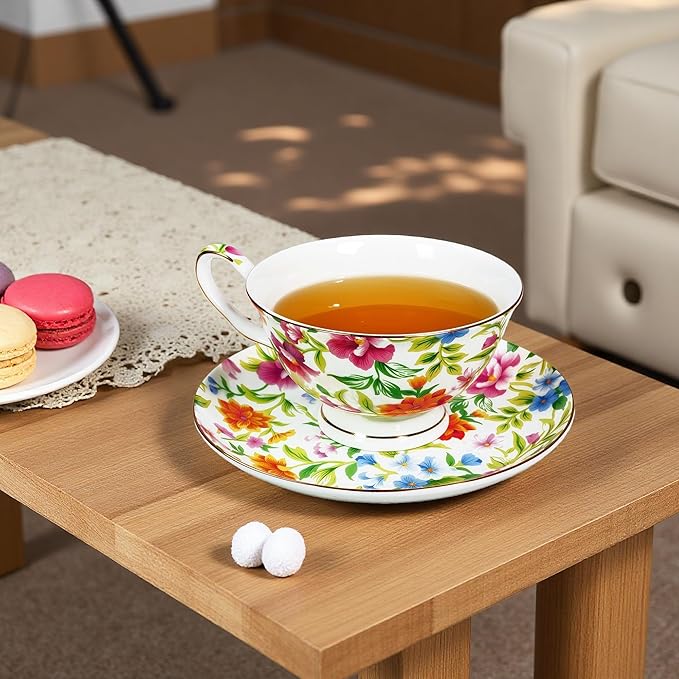 Tea cup and Saucer Set Royal Garden Style Tea Coffee Cup with Saucer 7 Ounces Bone China Teacup and saucer Set(White)