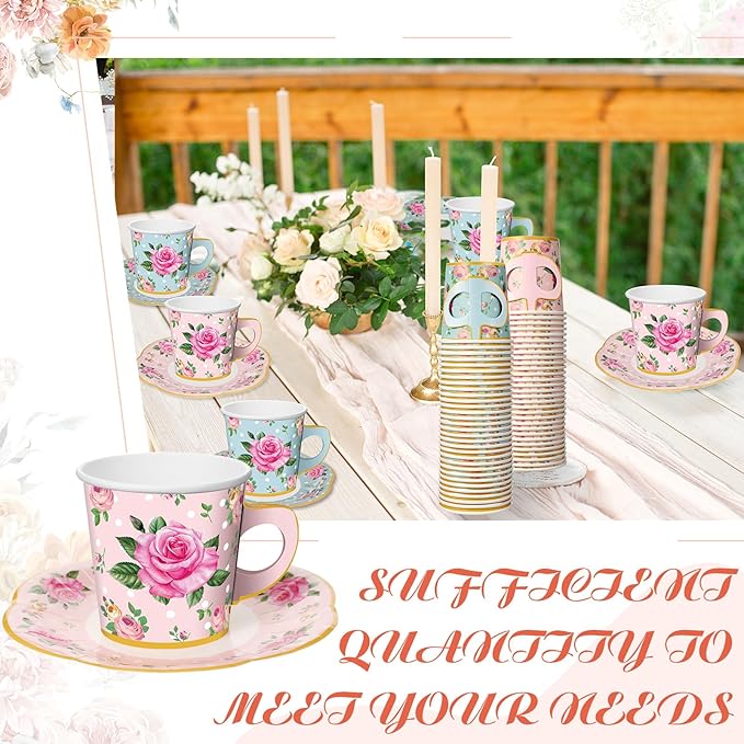 Umigy 60 Sets Tea Party Decorations 6.5 oz Floral Paper Tea Cups with Handle and Plates Disposable Blossom Teacups and Saucers Sets for Girls Kids Birthday Garden Wedding Party Supplies(Pink, Blue)