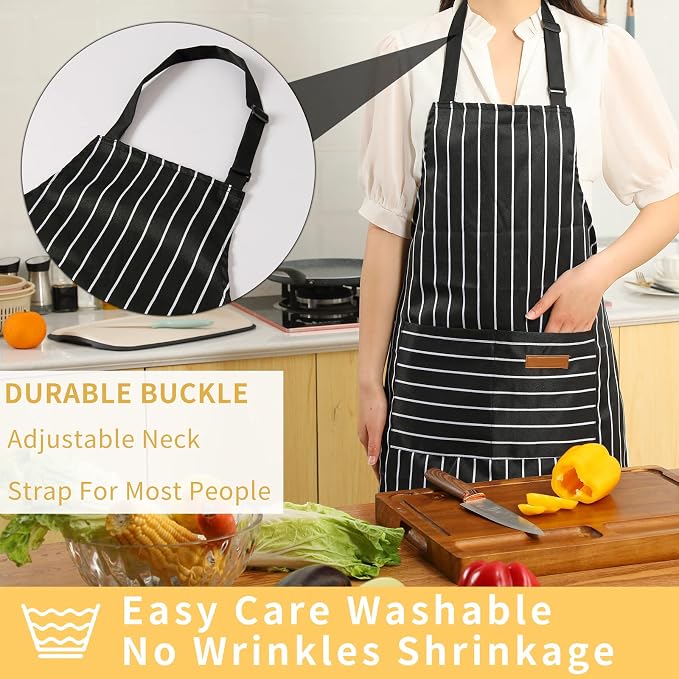 Tosewever 2 Pieces Kitchen Cooking Aprons, Cotton Polyester Blend Adjustable Bib Aprons with 2 Pockets for Women Men Chef Chef (Black/Brown Stripes, 2) - Image 3